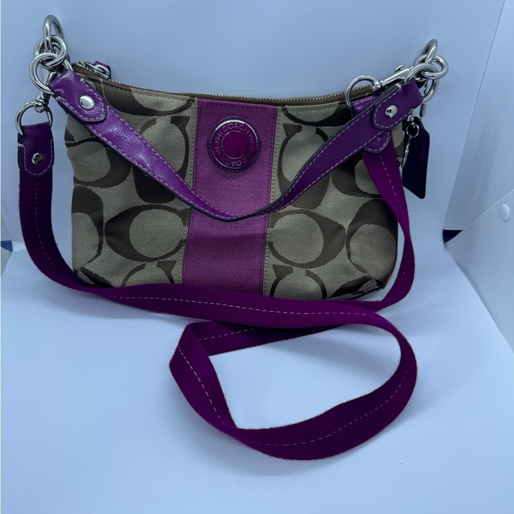 COACH Demi Purse Brown Magenta Sign. Canvas Leather F19218 W/ Crossbody Strap - Picture 12 of 16